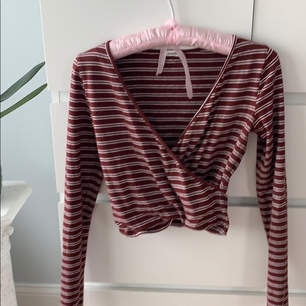 Burgundy long sleeve shirt with white stripes